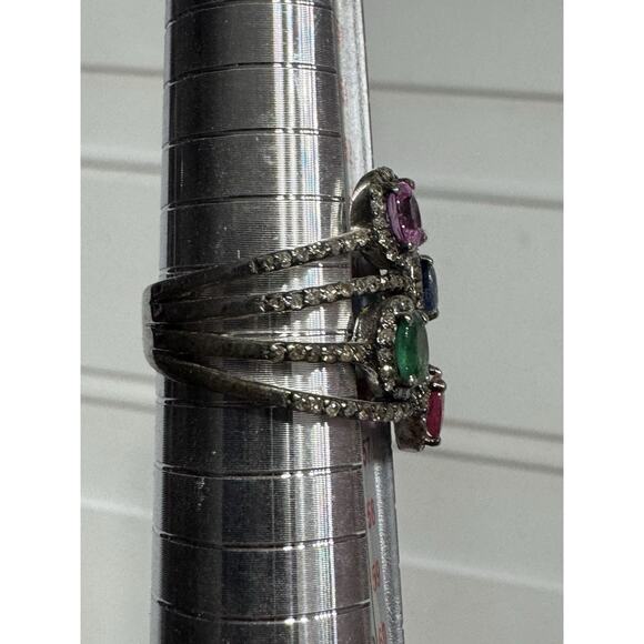 Ruby/Pink Sapphire/Blue Sapphire/Emerald 925 Sterling Silver 4 Stone Ring Size 7 - Picture 2 of 4